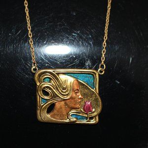 VIntage Beautiful Jools Enameled Necklace Art Nouveau Lady W/Flowers 80s-90s NWT